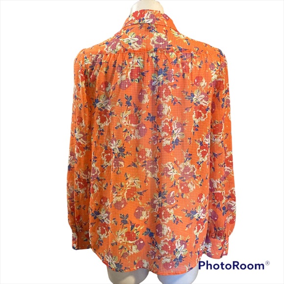 ModCloth sheer Orange floral button up Long sleeved blouse - Picture 4 of 8